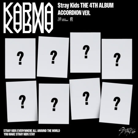 Accordion version content of Stray Kids KARMA Random Ver. album including photobook, CD, photocards, and pre-order bonuses.