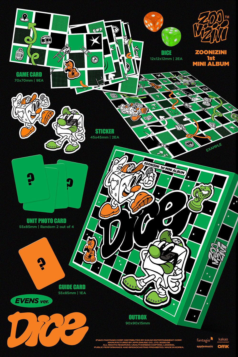 Contents of ASTRO ZOONIZINI DICE Evens Ver. with unit photo cards and game cards