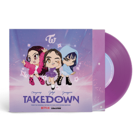 Demon Hunters TAKEDOWN Single violet vinyl from KPop Demon Hunters with TWICE and HUNTR/X versions