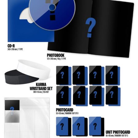 Stray Kids KARMA Karma Ver. CD contents: photobook, photo cover set, wristbands, photocards, clear binder with photo set, and CD-R
