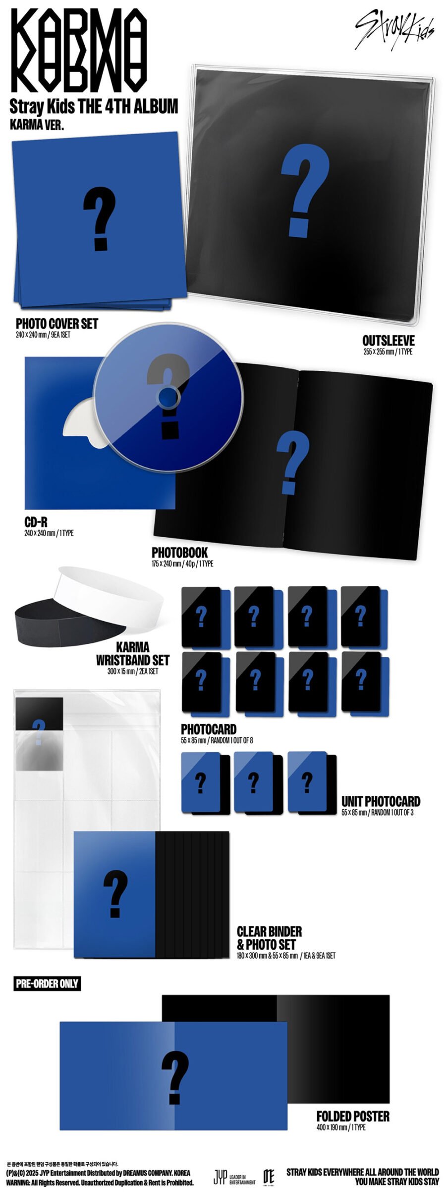 Stray Kids KARMA Karma Ver. CD contents: photobook, photo cover set, wristbands, photocards, clear binder with photo set, and CD-R
