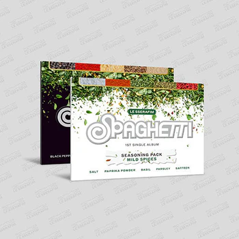 LE SSERAFIM SPAGHETTI Weverse Albums Ver with white and black covers and photocards.