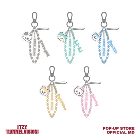 Colorful ITZY TWINZY x TNVS beads strap keyring with member charms from the Tunnel Vision pop-up store.